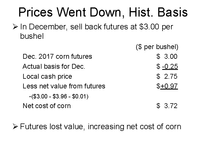 Prices Went Down, Hist. Basis Ø In December, sell back futures at $3. 00