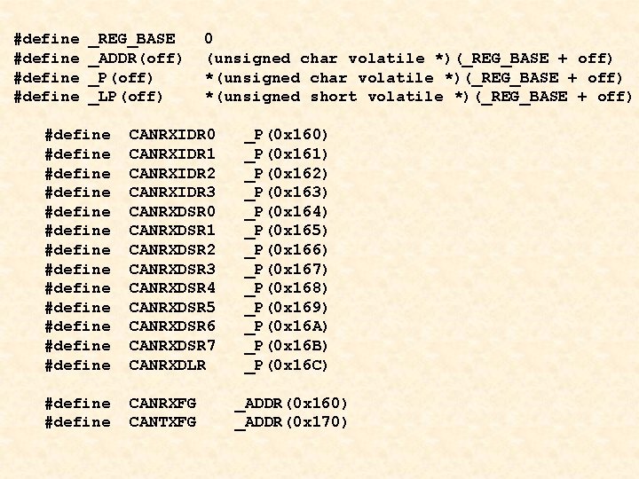 #define _REG_BASE _ADDR(off) _P(off) _LP(off) 0 (unsigned char volatile *)(_REG_BASE + off) *(unsigned short