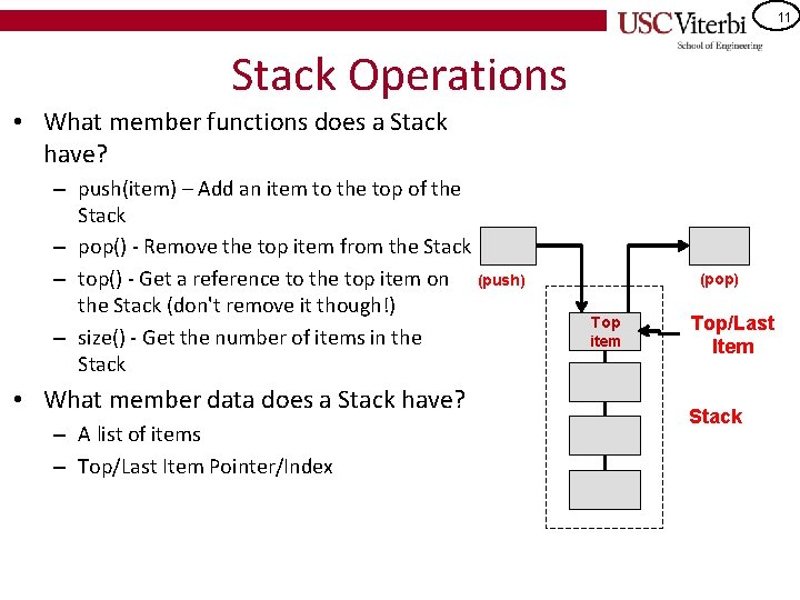 11 Stack Operations • What member functions does a Stack have? – push(item) –