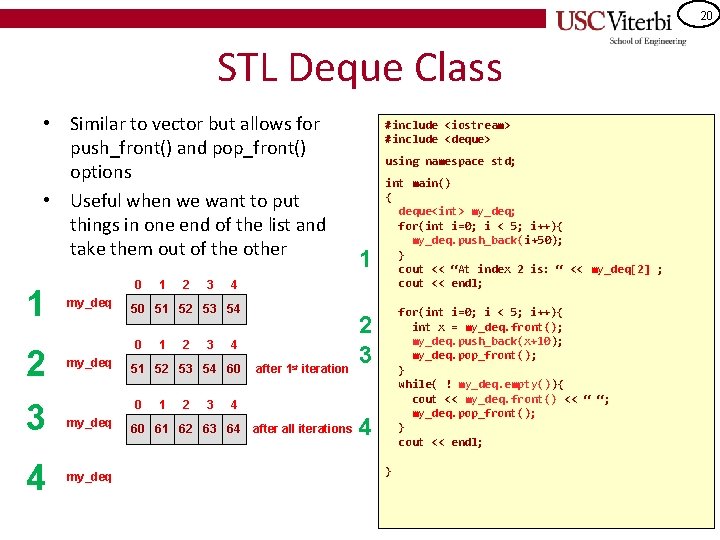 20 STL Deque Class • Similar to vector but allows for push_front() and pop_front()
