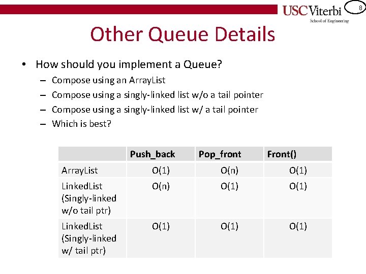 8 Other Queue Details • How should you implement a Queue? – – Compose