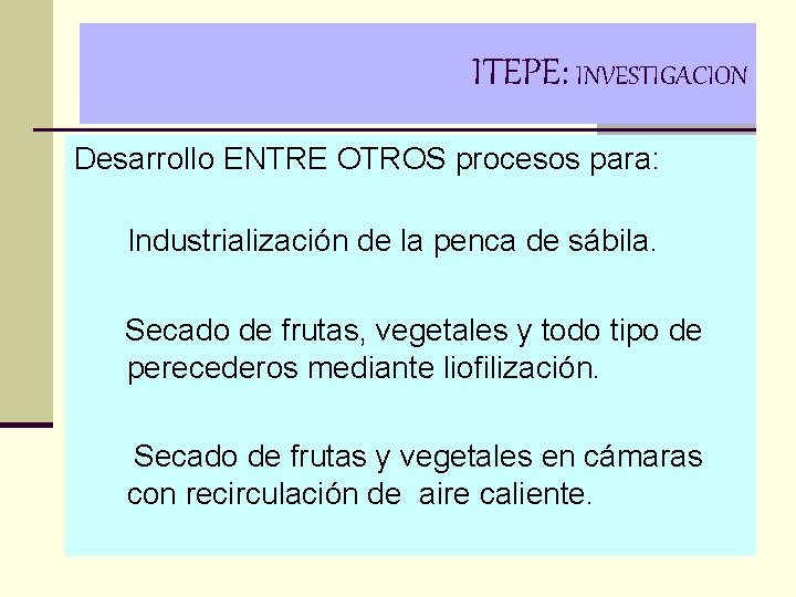 ITEPE: INVESTIGACION Desarrollo ENTRE OTROS procesos para: Industrialización de la penca de sábila. Secado ITEPE: INVESTIGACION Desarrollo ENTRE OTROS procesos para: Industrialización de la penca de sábila. Secado