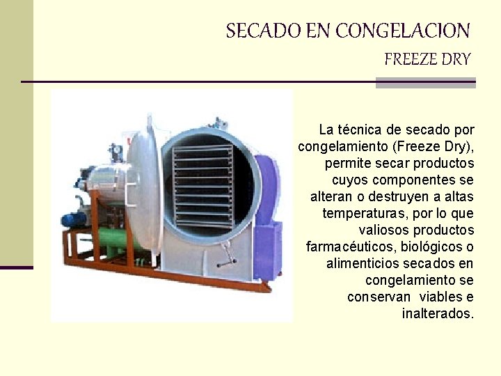 SECADO EN CONGELACION FREEZE DRY La técnica de secado por congelamiento (Freeze Dry), permite SECADO EN CONGELACION FREEZE DRY La técnica de secado por congelamiento (Freeze Dry), permite