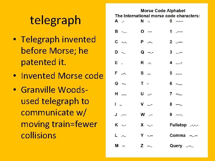 telegraph • Telegraph invented before Morse; he patented it. • Invented Morse code •