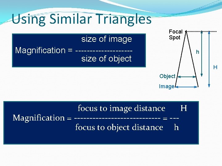 Using Similar Triangles size of image Magnification = ----------size of object Focal Spot h