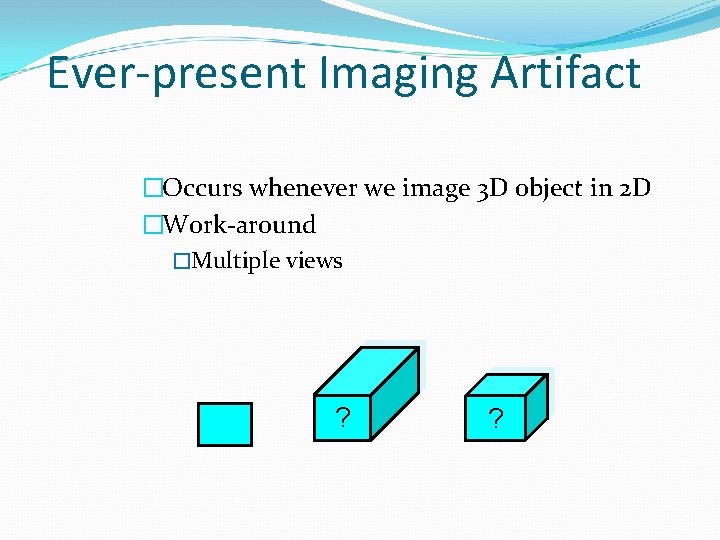 Ever-present Imaging Artifact �Occurs whenever we image 3 D object in 2 D �Work-around