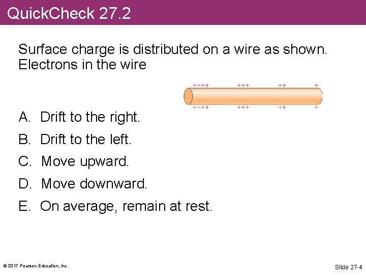 Quick. Check 27. 2 Surface charge is distributed on a wire as shown. Electrons
