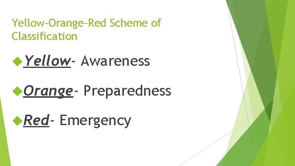 Yellow-Orange-Red Scheme of Classification Yellow- Awareness Orange- Preparedness Red- Emergency Yellow-Orange-Red Scheme of Classification Yellow- Awareness Orange- Preparedness Red- Emergency