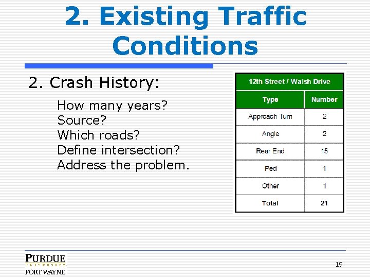 2. Existing Traffic Conditions 2. Crash History: How many years? Source? Which roads? Define