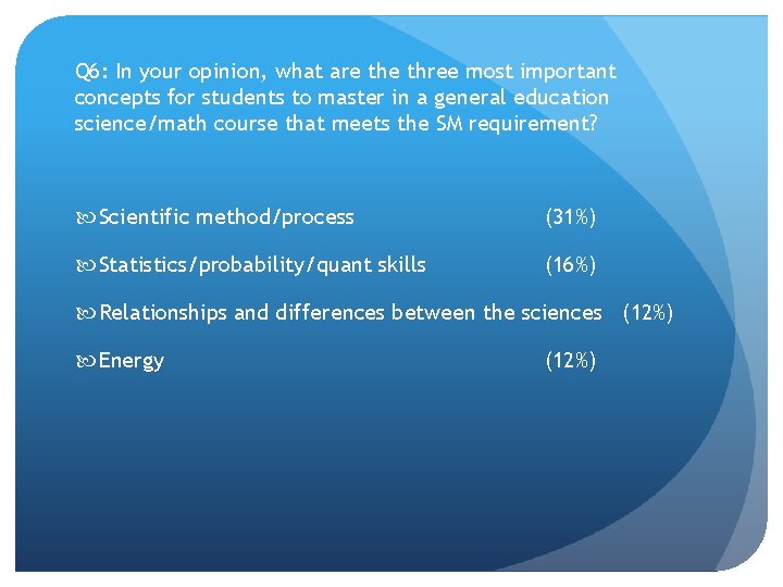 Q 6: In your opinion, what are three most important concepts for students to