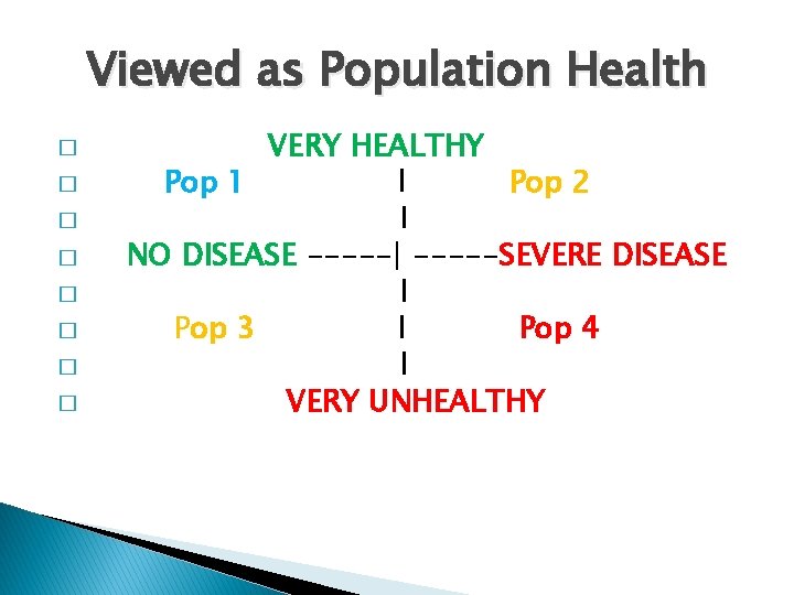Viewed as Population Health � � � � VERY HEALTHY Pop 1 l Pop