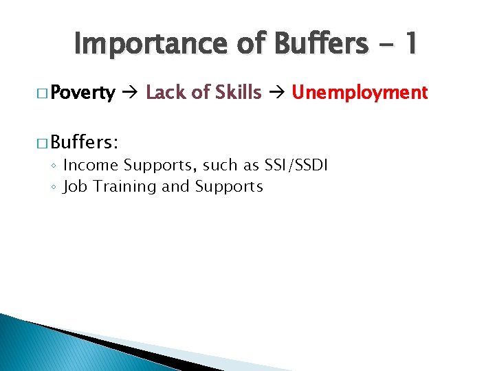 Importance of Buffers - 1 � Poverty � Buffers: Lack of Skills Unemployment ◦