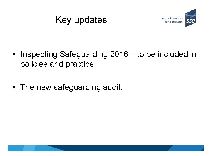 Key updates • Inspecting Safeguarding 2016 – to be included in policies and practice.