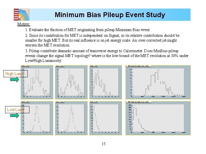 Minimum Bias Pileup Event Study Motive: 1. Evaluate the fraction of MET originating from