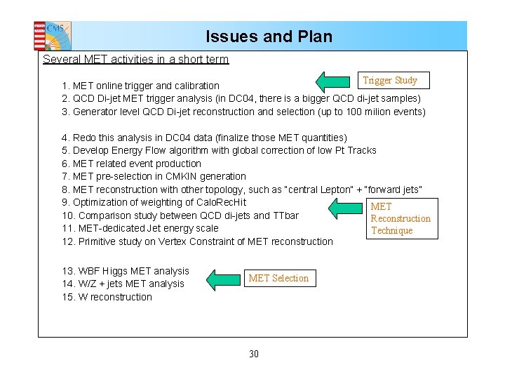 Issues and Plan Several MET activities in a short term Trigger Study 1. MET
