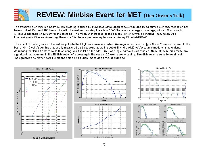REVIEW: Minbias Event for MET (Dan Green’s Talk) The transverse energy in a beam
