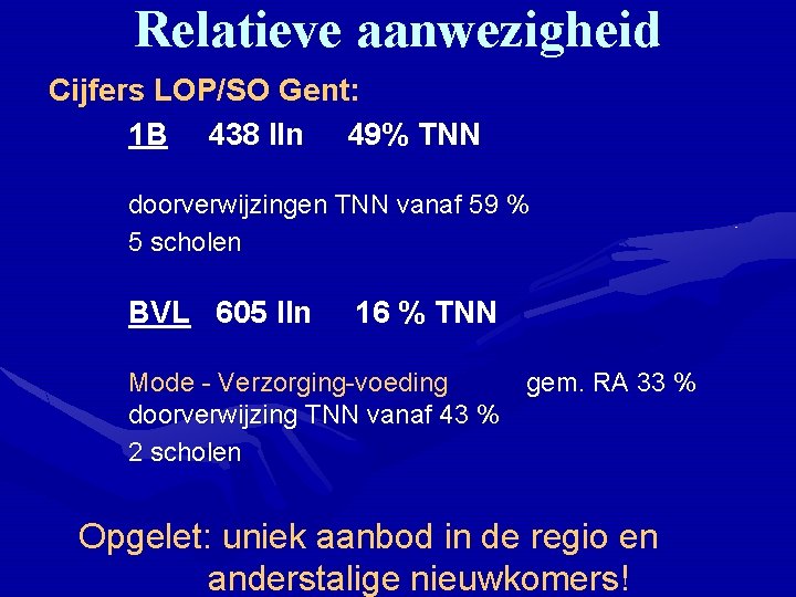 Relatieve aanwezigheid Cijfers LOP/SO Gent: 1 B 438 lln 49% TNN doorverwijzingen TNN vanaf