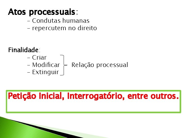 Atos processuais: - Condutas humanas - repercutem no direito Finalidade: - Criar - Modificar