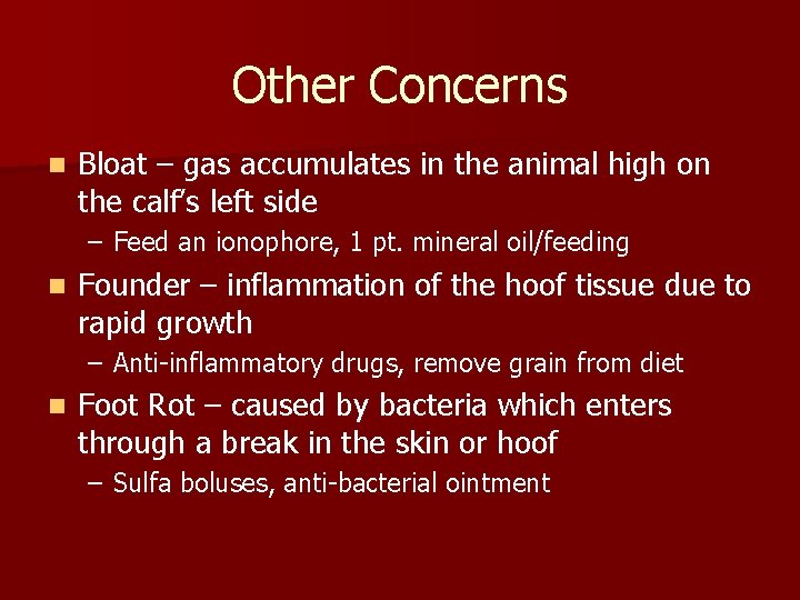 Other Concerns n Bloat – gas accumulates in the animal high on the calf’s