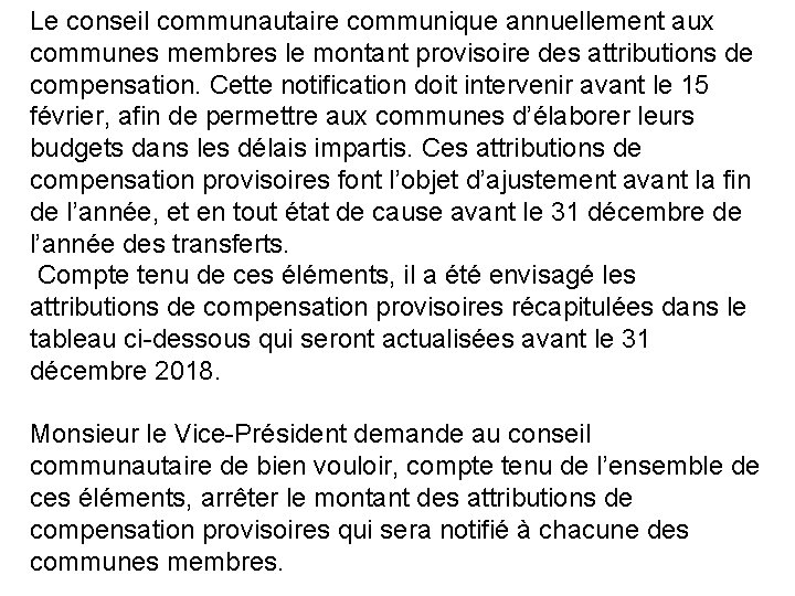 Le conseil communautaire communique annuellement aux communes membres le montant provisoire des attributions de