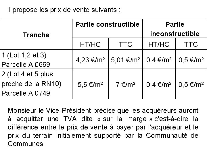 Il propose les prix de vente suivants : Partie constructible Tranche HT/HC 1 (Lot