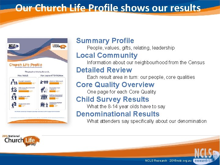 Our Church Life Profile shows our results Summary Profile People, values, gifts, relating, leadership