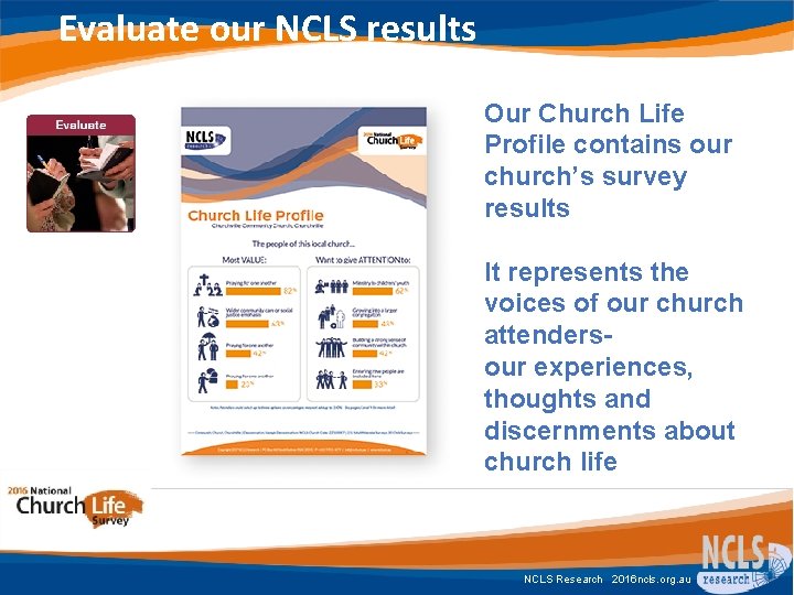 Evaluate our NCLS results Our Church Life Profile contains our church’s survey results It