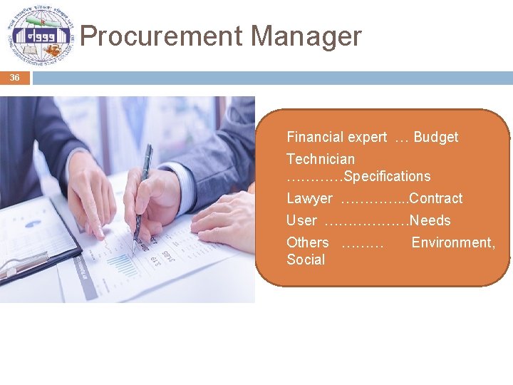 Procurement Manager 36 Financial expert … Budget Technician …………Specifications Lawyer …………. . . Contract