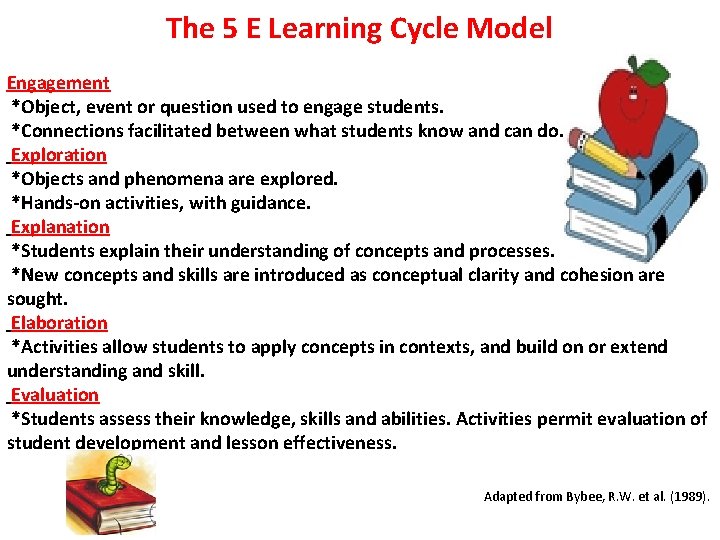 The 5 E Learning Cycle Model Engagement *Object, event or question used to engage