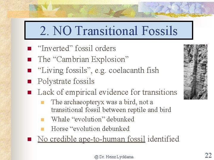 2. NO Transitional Fossils n n n “Inverted” fossil orders The “Cambrian Explosion” “Living