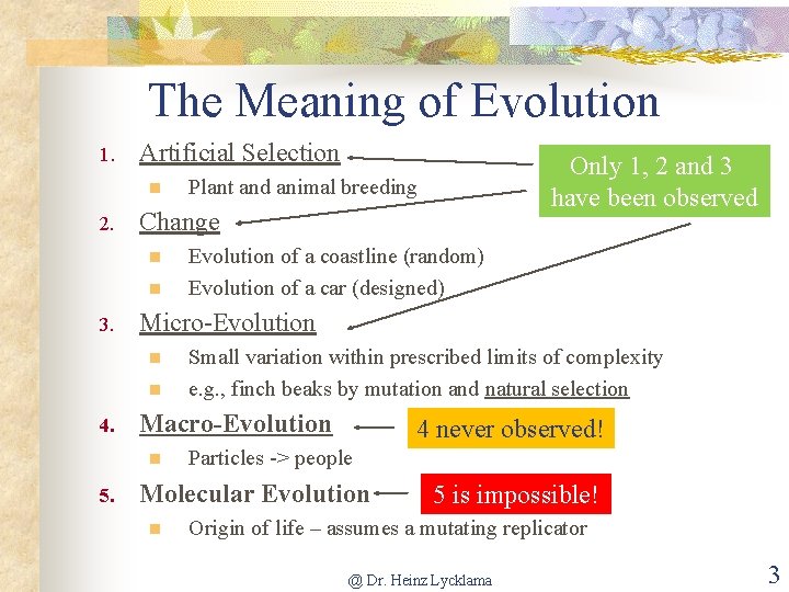 The Meaning of Evolution 1. Artificial Selection n 2. n n Small variation within