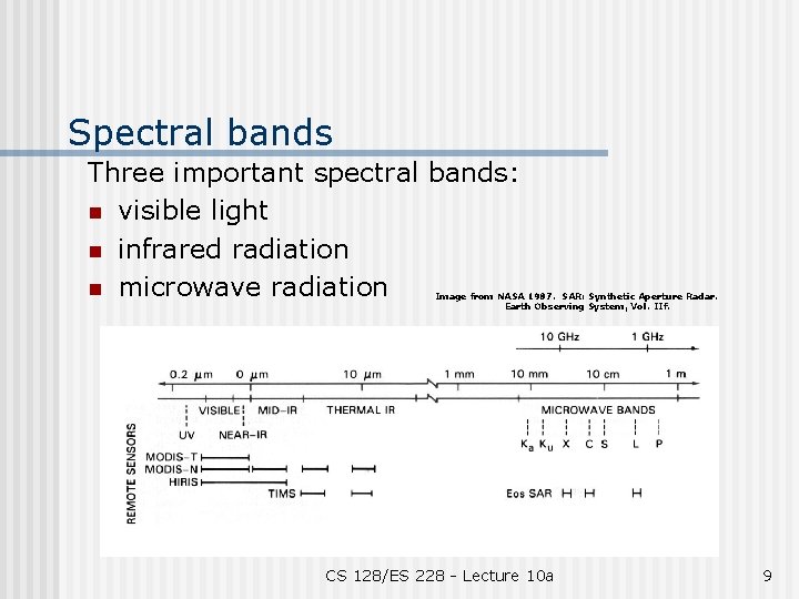 Spectral bands Three important spectral bands: n visible light n infrared radiation n microwave