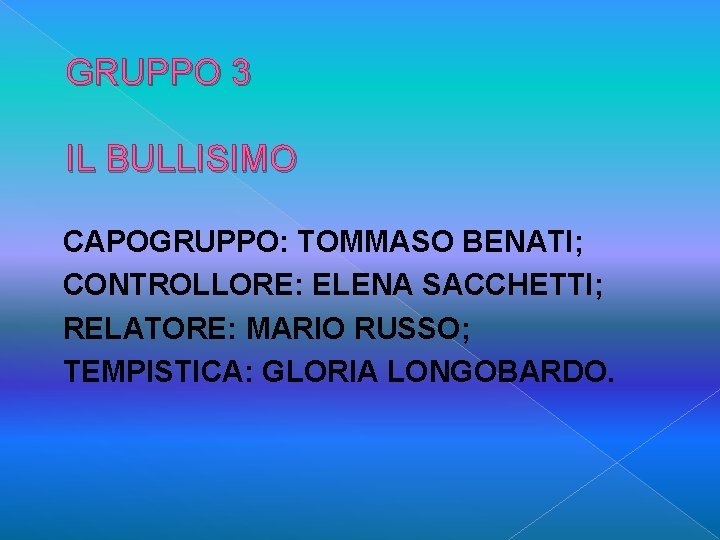 GRUPPO 3 IL BULLISIMO CAPOGRUPPO: TOMMASO BENATI; CONTROLLORE: ELENA SACCHETTI; RELATORE: MARIO RUSSO; TEMPISTICA: