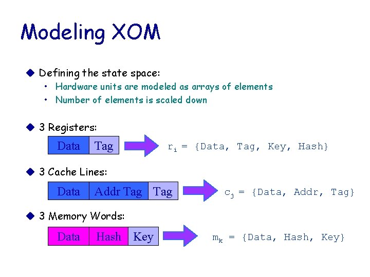 Modeling XOM u Defining the state space: • Hardware units are modeled as arrays