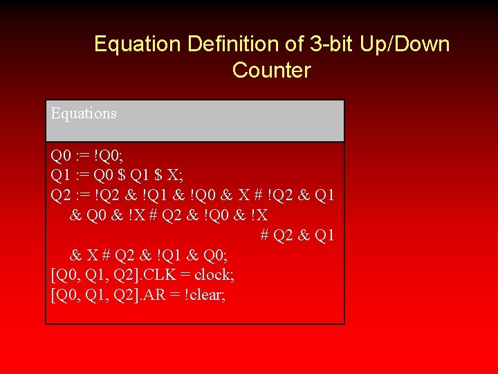 Equation Definition of 3 -bit Up/Down Counter Equations Q 0 : = !Q 0;