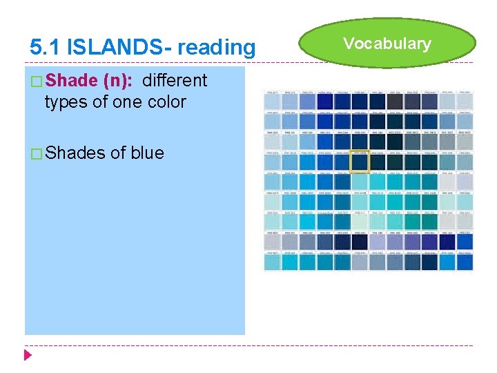 5. 1 ISLANDS- reading � Shade (n): different types of one color � Shades