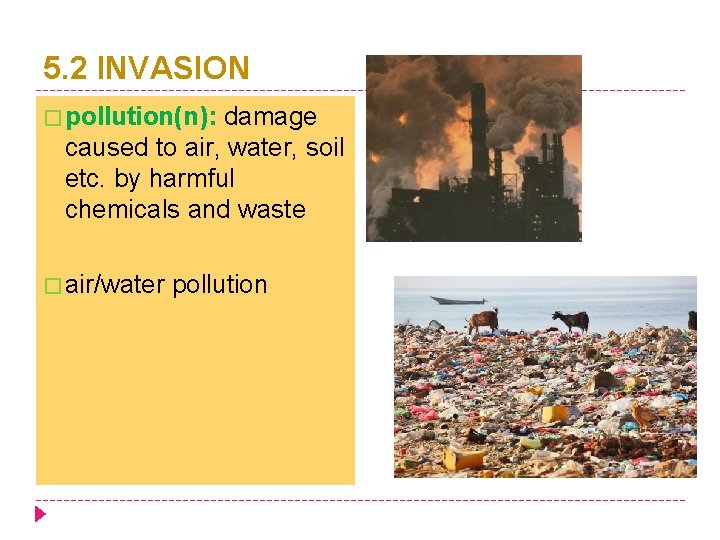 5. 2 INVASION � pollution(n): damage caused to air, water, soil etc. by harmful