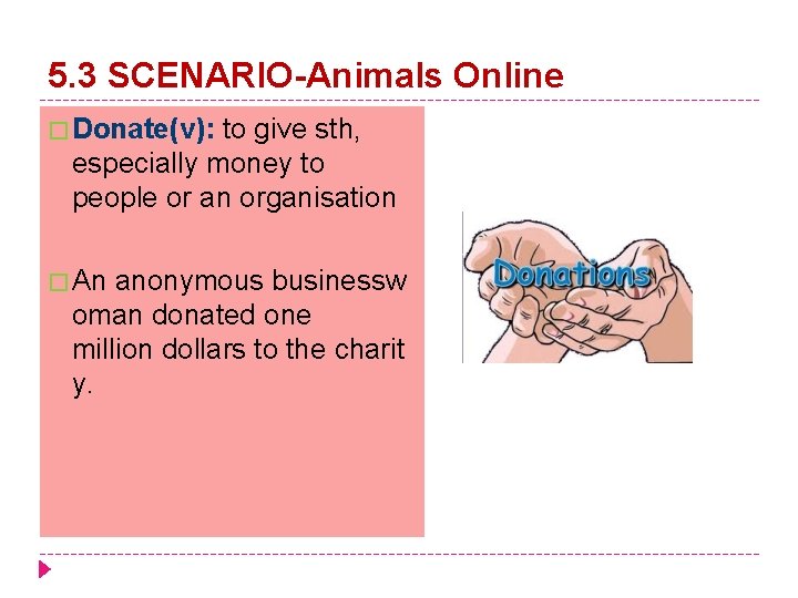 5. 3 SCENARIO-Animals Online � Donate(v): to give sth, especially money to people or