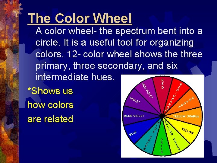 The Color Wheel A color wheel- the spectrum bent into a circle. It is