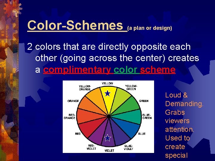 Color-Schemes (a plan or design) 2 colors that are directly opposite each other (going