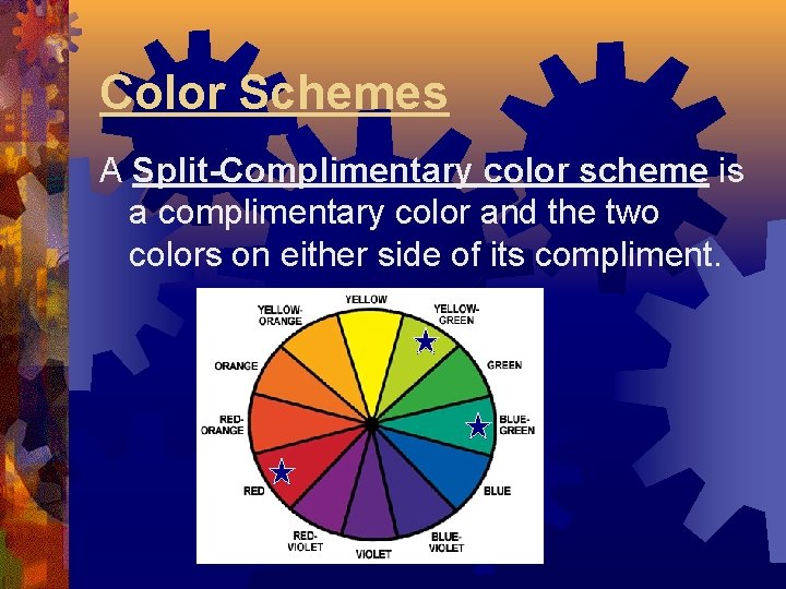 Color Schemes A Split-Complimentary color scheme is a complimentary color and the two colors