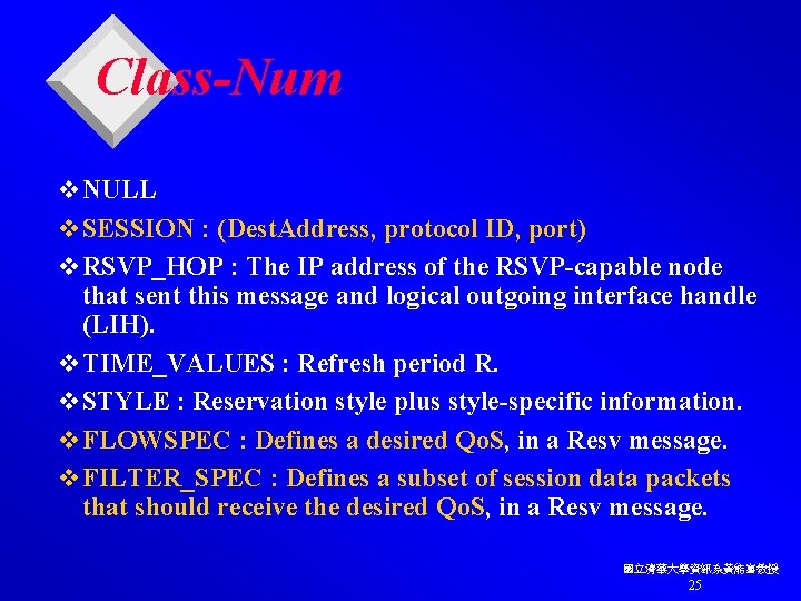 Class-Num v NULL v SESSION : (Dest. Address, protocol ID, port) v RSVP_HOP :