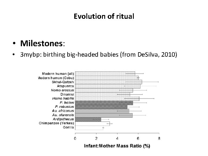 Evolution of ritual • Milestones: • 3 mybp: birthing big-headed babies (from De. Silva,