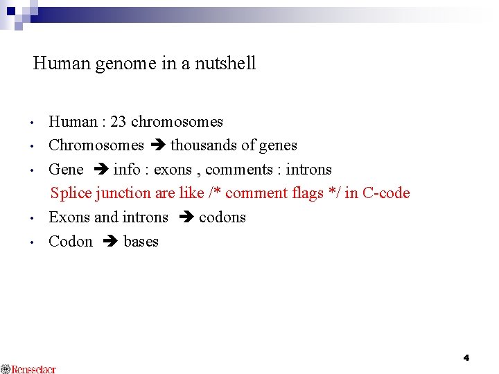 Human genome in a nutshell • • • Human : 23 chromosomes Chromosomes thousands