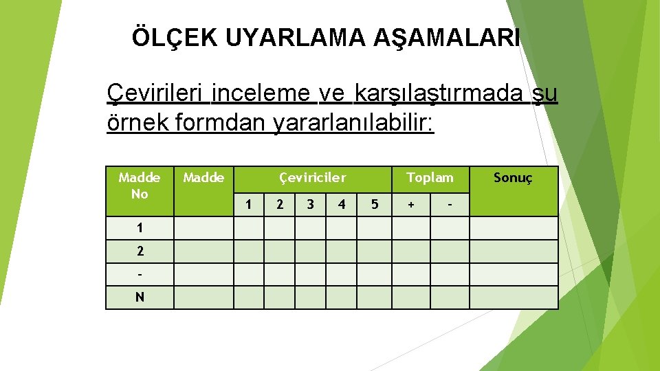 ÖLÇEK UYARLAMA AŞAMALARI Çevirileri inceleme ve karşılaştırmada şu örnek formdan yararlanılabilir: Madde No 1