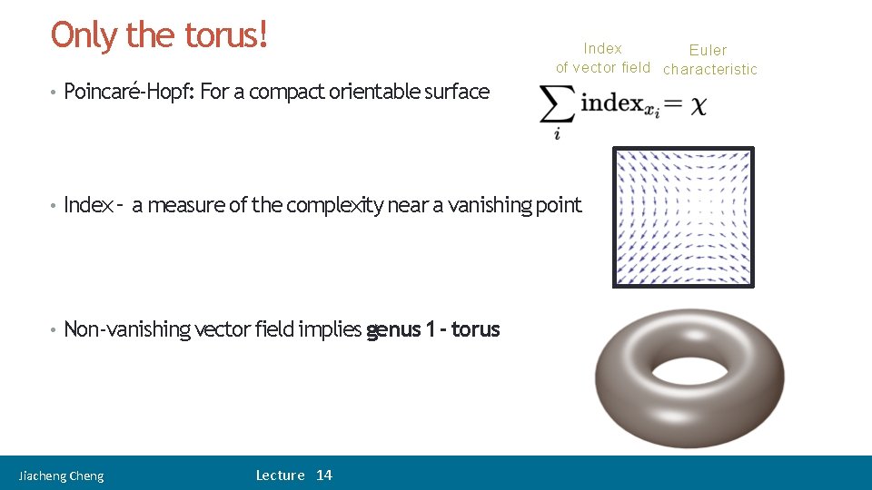 Only the torus! Index Euler of vector field characteristic • Poincaré-Hopf: For a compact