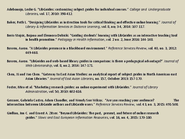 Adebonojo, Leslie G. “Lib. Guides: customizing subject guides for individual courses. ” College and