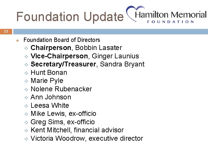 Foundation Update 23 v Foundation Board of Directors Chairperson, Bobbin Lasater v Vice-Chairperson, Ginger