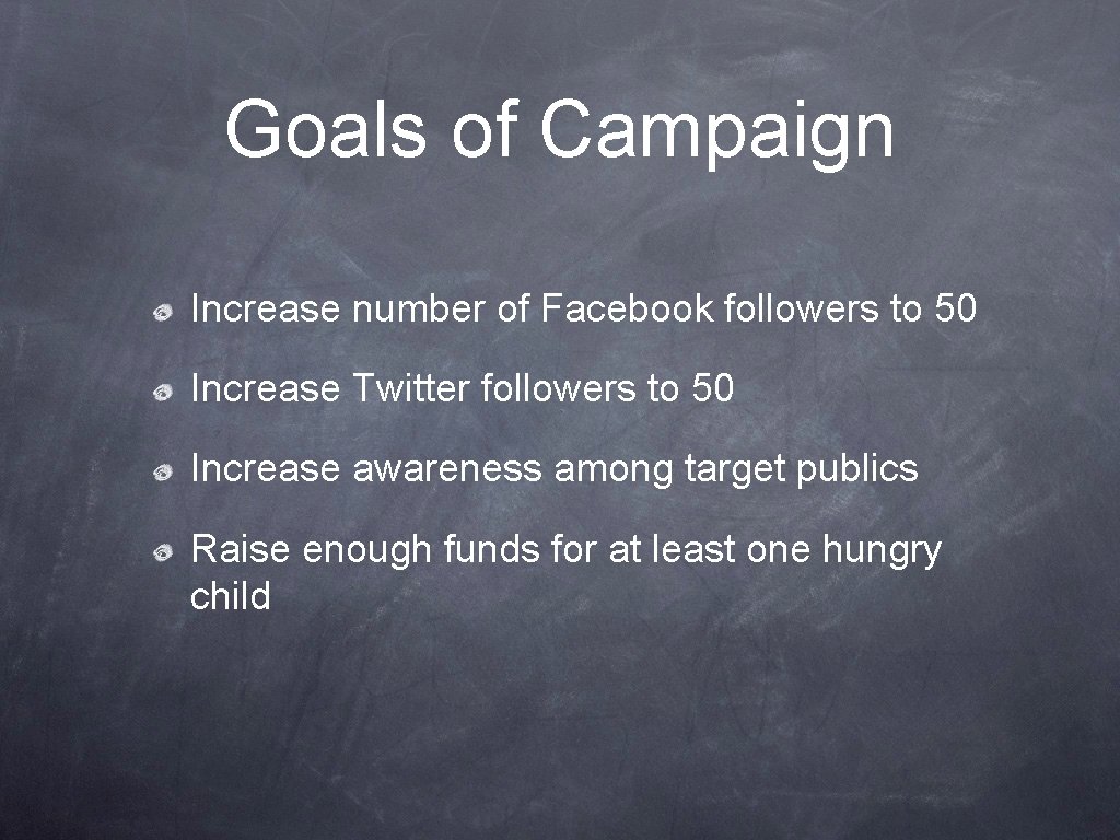 Goals of Campaign Increase number of Facebook followers to 50 Increase Twitter followers to