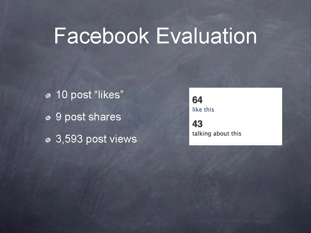 Facebook Evaluation 10 post “likes” 9 post shares 3, 593 post views 